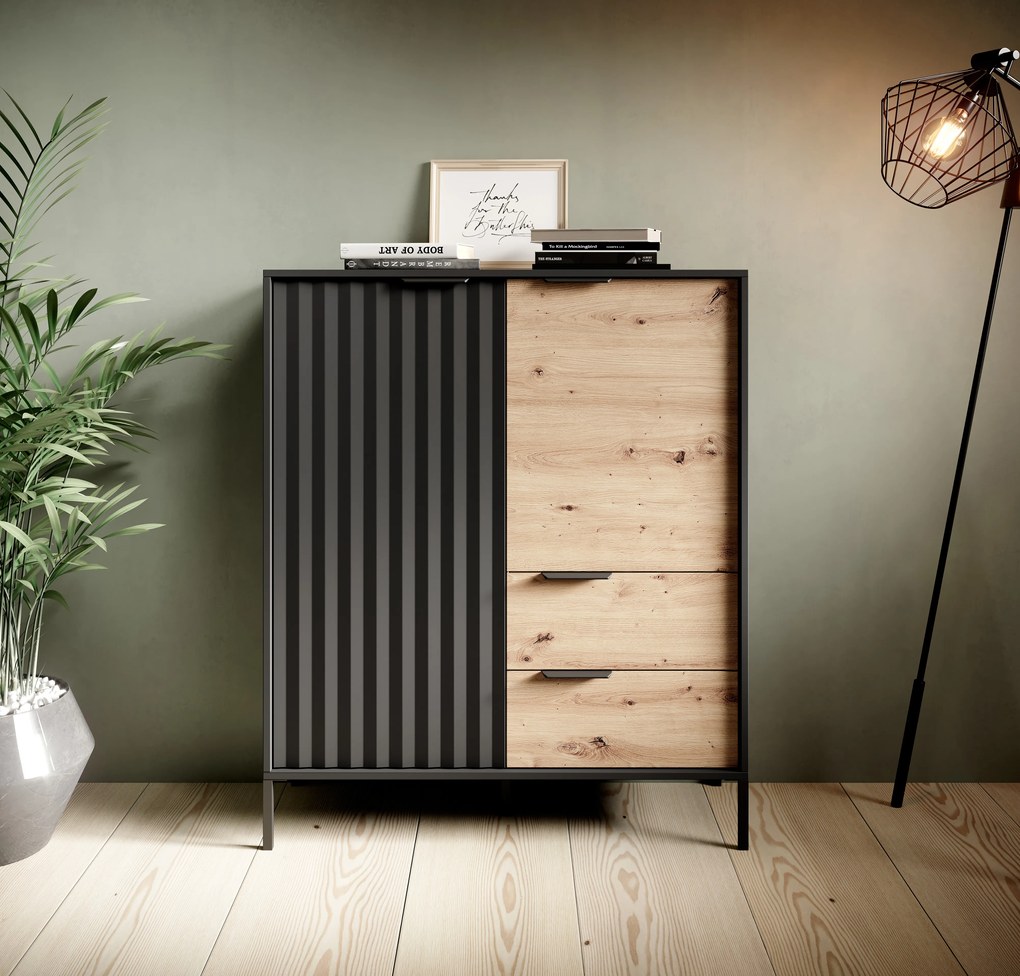 Komoda Rastafa 2D2S (dub artisan + čierna). Akcia -20%. Vlastná spoľahlivá doprava až k Vám domov. 1071378