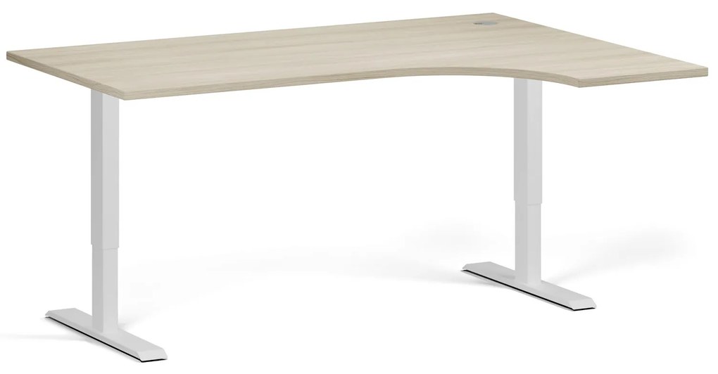 Rohový výškovo nastaviteľný stôl, 160x120 cm, 2 motory, L/P, biela podnož, dub prírodný