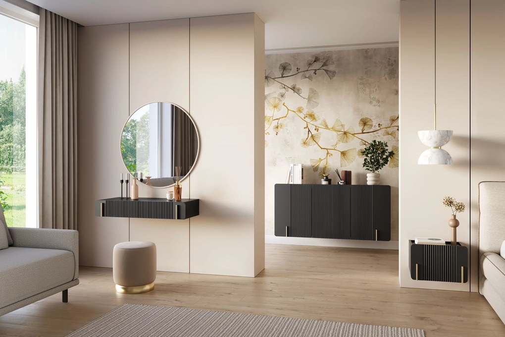 Závesná komoda Malmi 150 cm trojdverová - čierny mat / zlatá