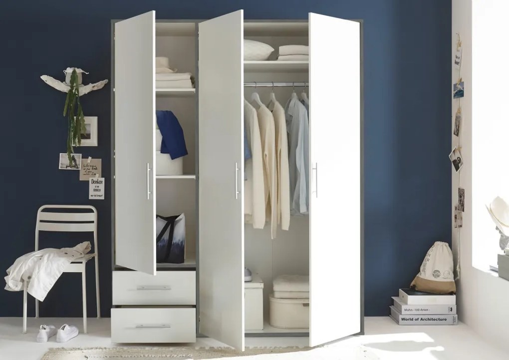 Šatníková skriňa Valencia,155 cm, optika šedého kovu/biela