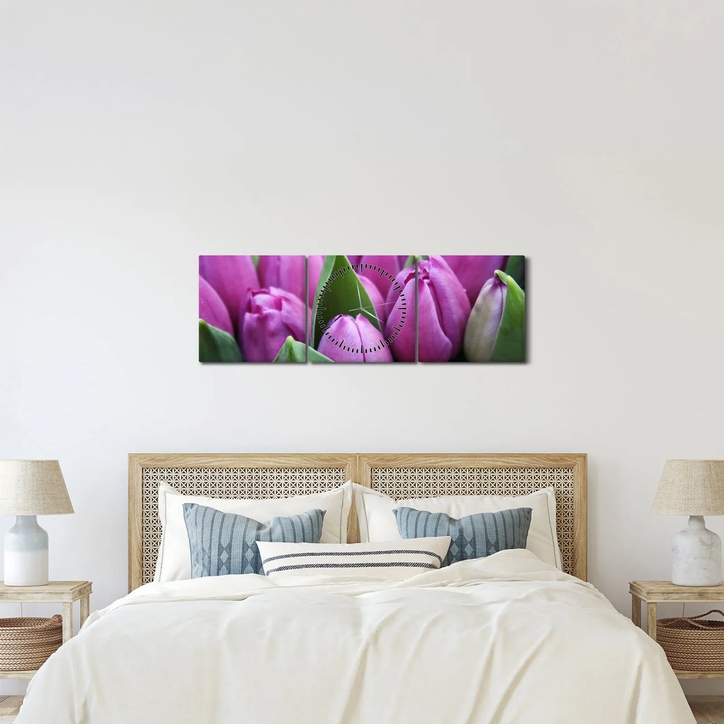 Obraz - kvety tulipánov (s hodinami) (90x30 cm)