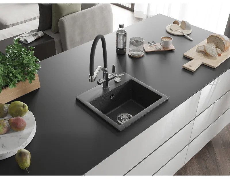 Mexen Milo, granitový drez 435x410x171 mm, 1-komorový a drezová batéria Duo, čierna škvrnitá, 6505-76-671701-07