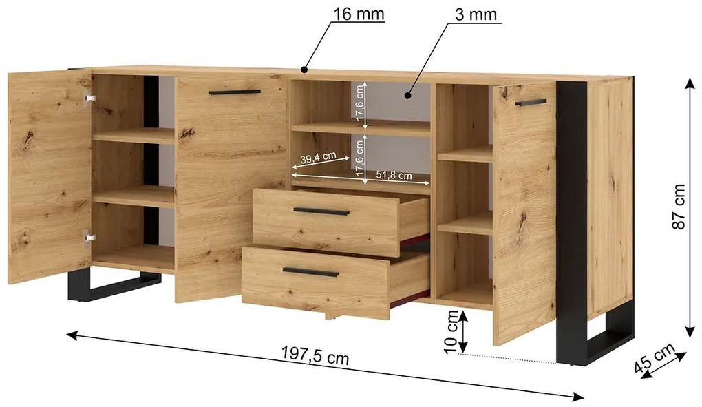 Komoda Nulakka D (dub artisan + matná čierna). Akcia -19%. Vlastná spoľahlivá doprava až k Vám domov. 1124826