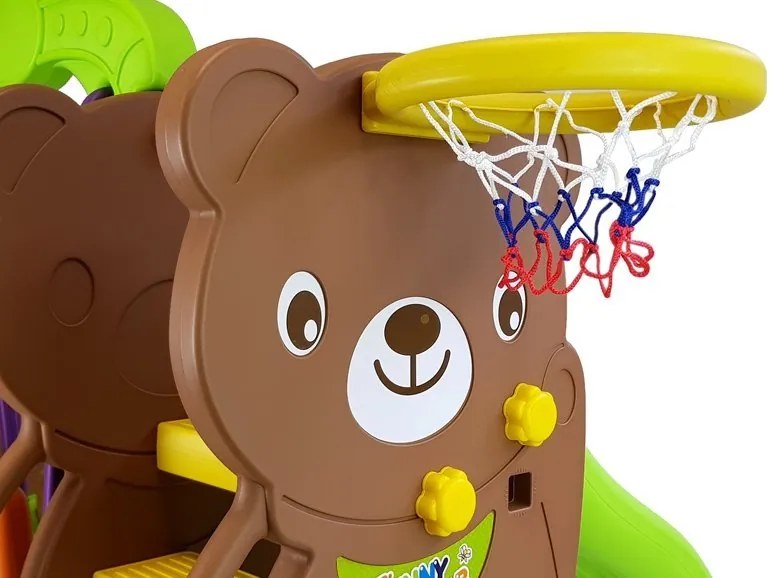 LEAN TOYS Záhradná súprava šmýkačka, hojdačka, kôš medveď hnedý