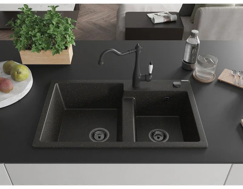 Mexen Tomas, granitový drez 800x500x190 mm, 2-komorový a drezová batéria Carla, čierna-zlatá metalíza, 6516-75-670700-70-B