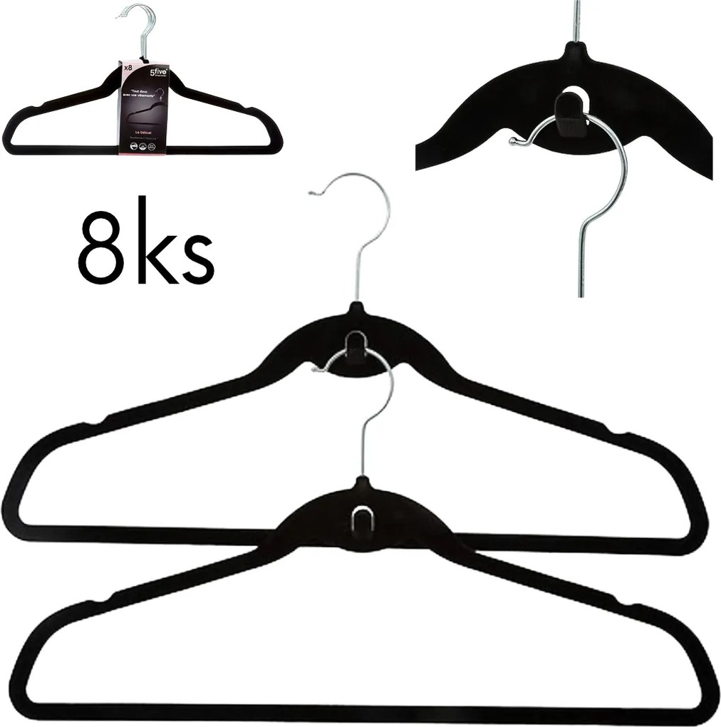 5Five® Vešiaky semišové čierne s háčikom, sada 8ks