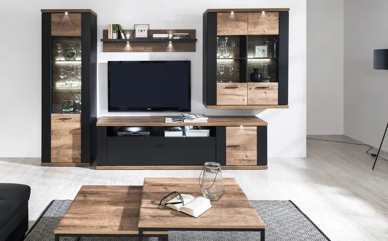 Obývacia stena Boston, čierna/dub ribbeck, s osvetlením