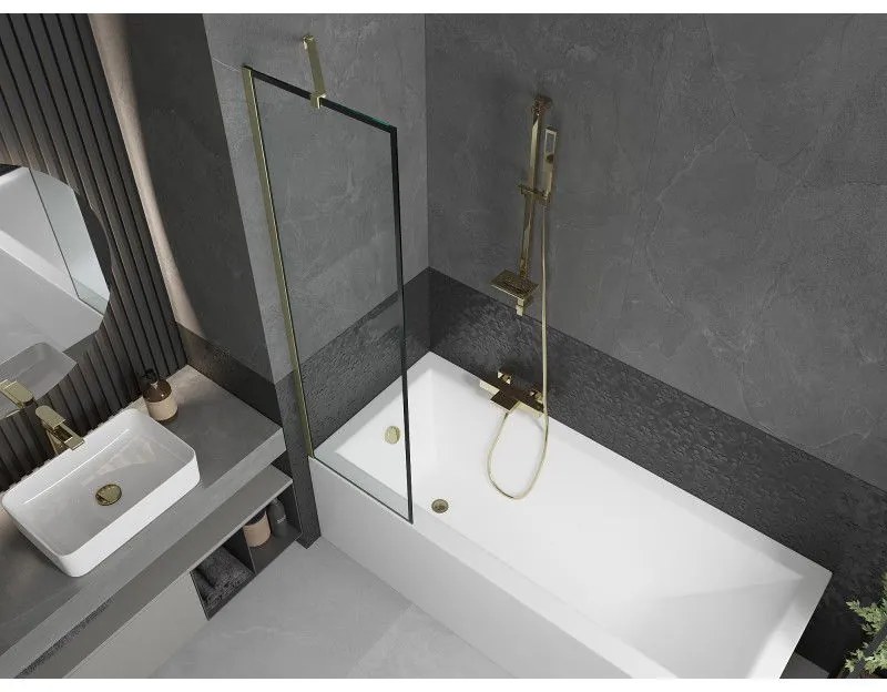 Mexen Next, 1-krídlová vaňová zástena 50 x 150 cm, 6mm číre sklo - čierny vzor, zlatá matná, 895-050-000-00-70-55