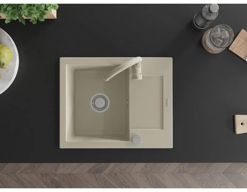 Mexen Enzo, 1-komorový granitový drez s odkvapkávačom 58x47 cm a kuchynskou batériou Telma, béžová, 6506-69-670200-69