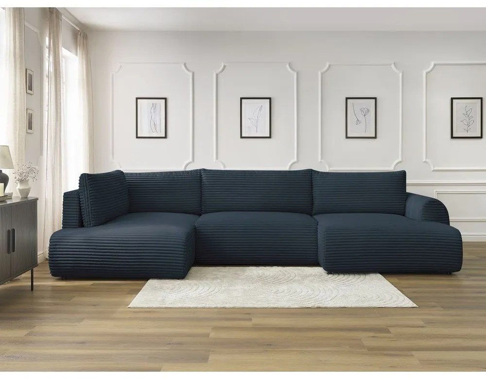 Tmavomodrá menčestrová rozkladacia/s úložným priestorom rohová pohovka (ľavý roh/do tvaru "U") Lucien – Bobochic Paris