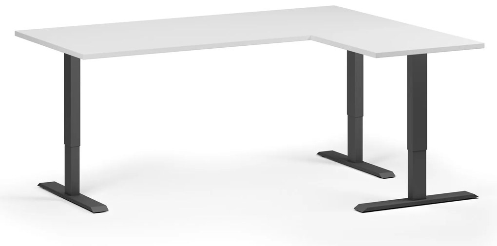 Výškovo nastaviteľný stôl, 180x140 cm, 3 motory, L/P, čierna podnož, biela