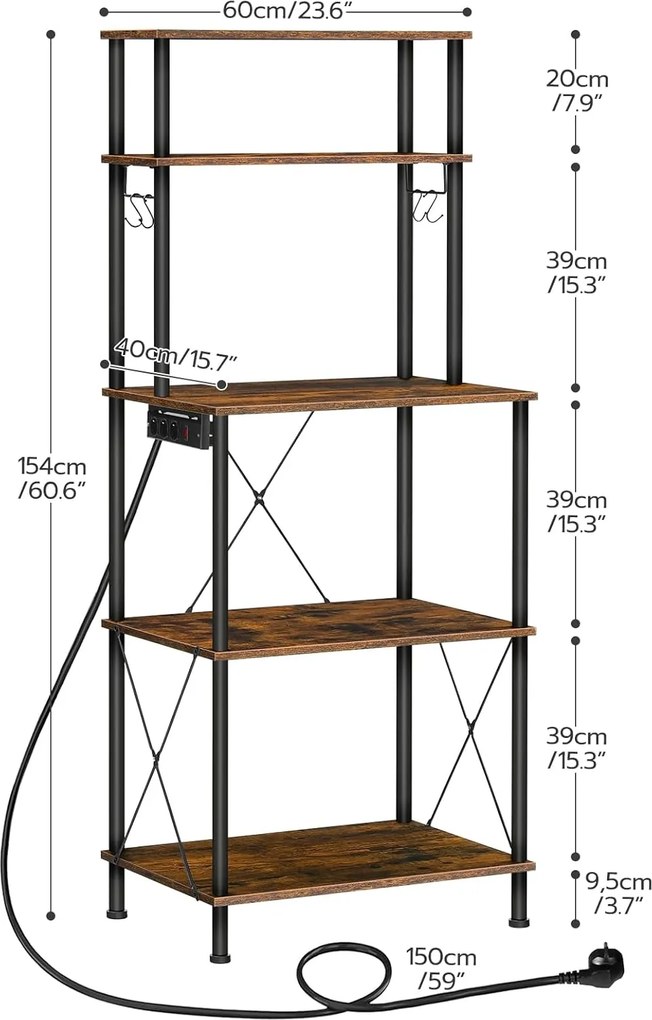 Kuchynský regál Vasagle Filo 60 cm so vstavanými zásuvkami čierny/hnedý