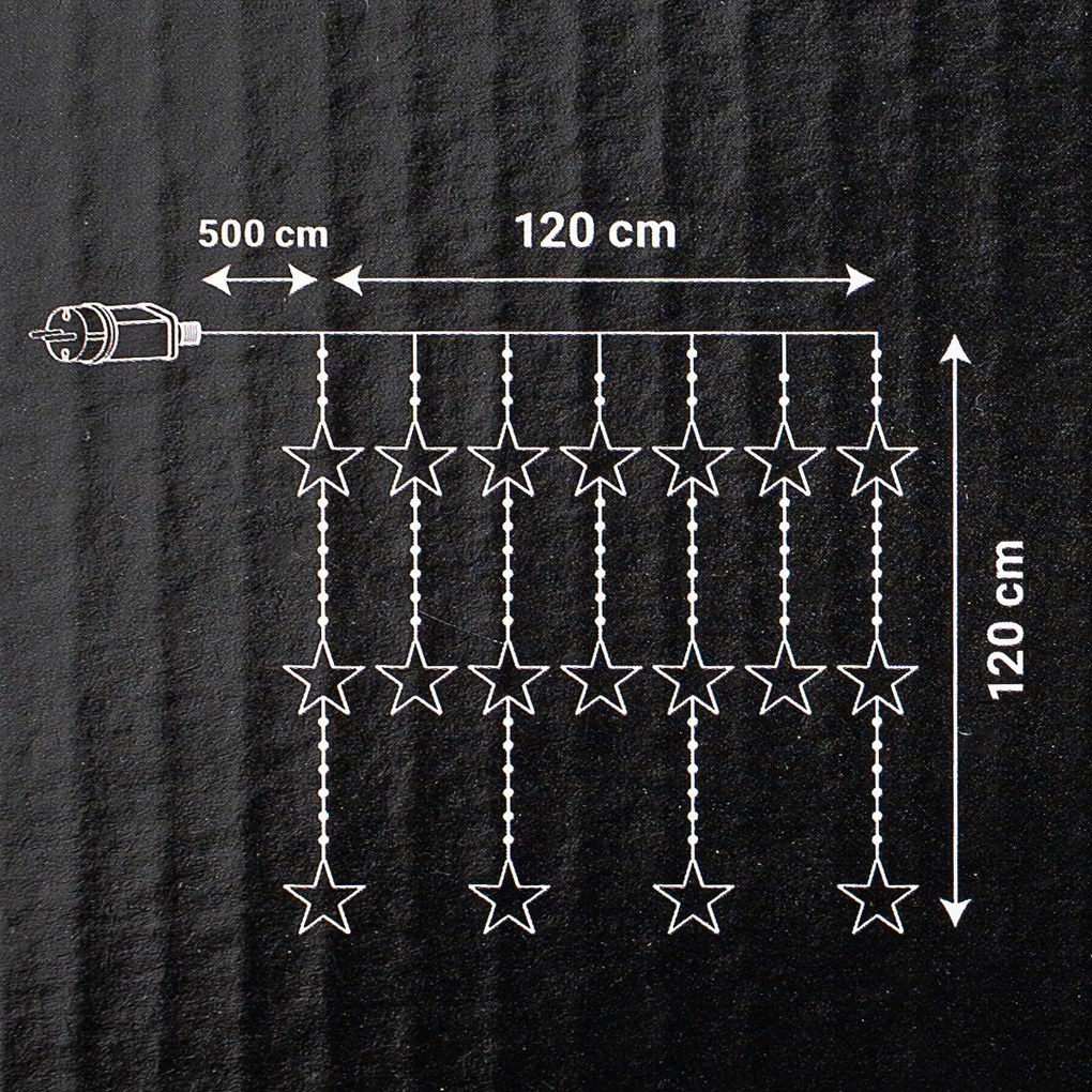 Svetelný vonkajší záves Stars, 120x120 cm, LED, teplá biela, časovač, 8 funkcií, 120 cm