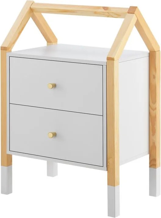 Detský nočný stolík, biely, dizajn domu, 2 zásuvky