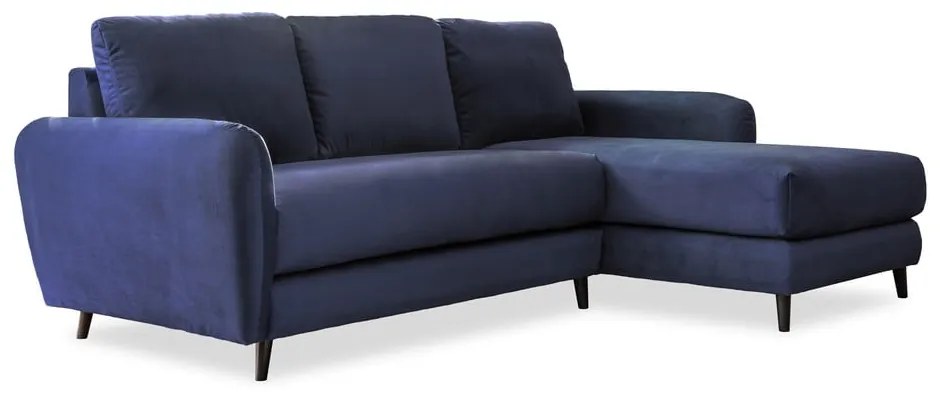 Námornícky modrá zamatová rohová pohovka s podnožkou Miuform Cosy Claire, pravý roh