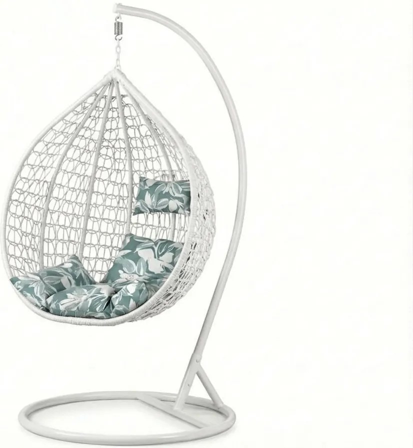 Biele závesné kreslo KOKON so stojanom, zeleno-biely vankúš.