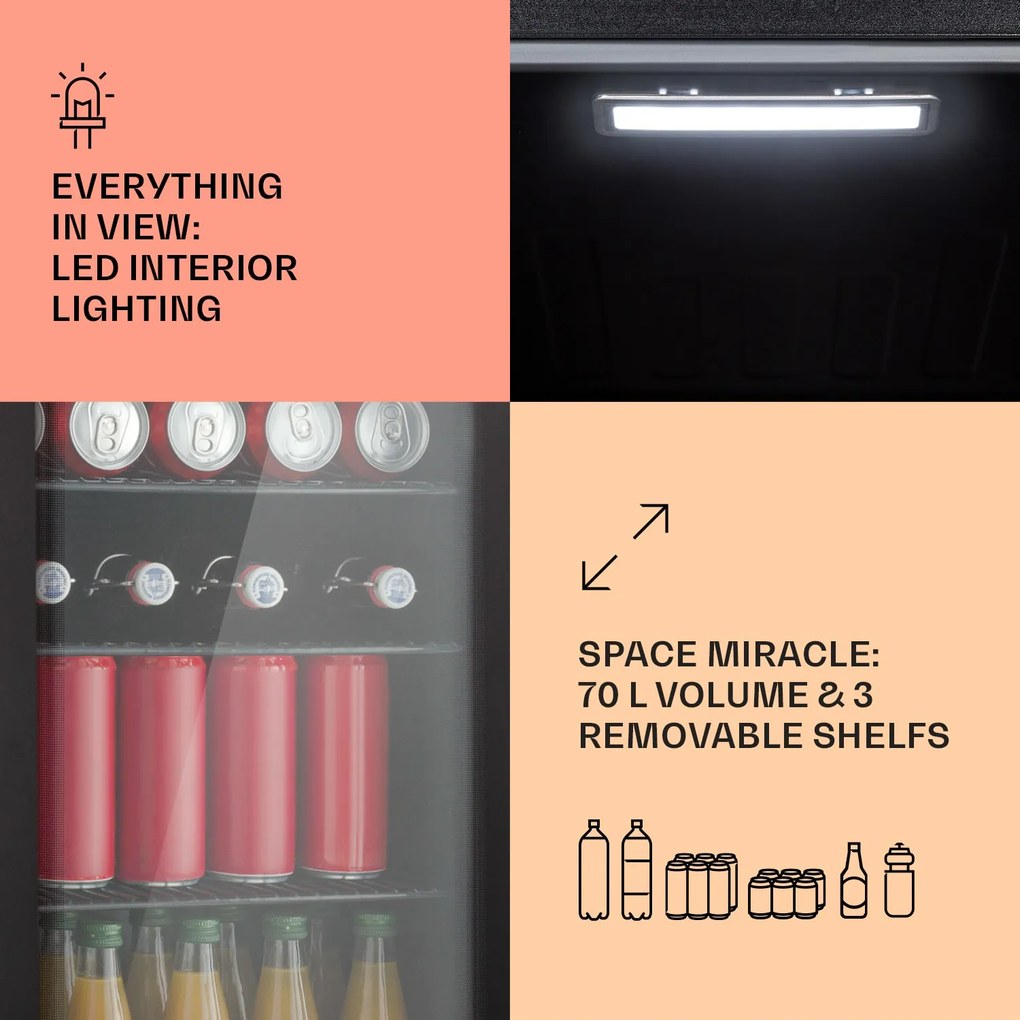 Klarstein Beercave 70, chladnička, 70 l, 3 police, trojito izolované sklenené dvere, dotyková