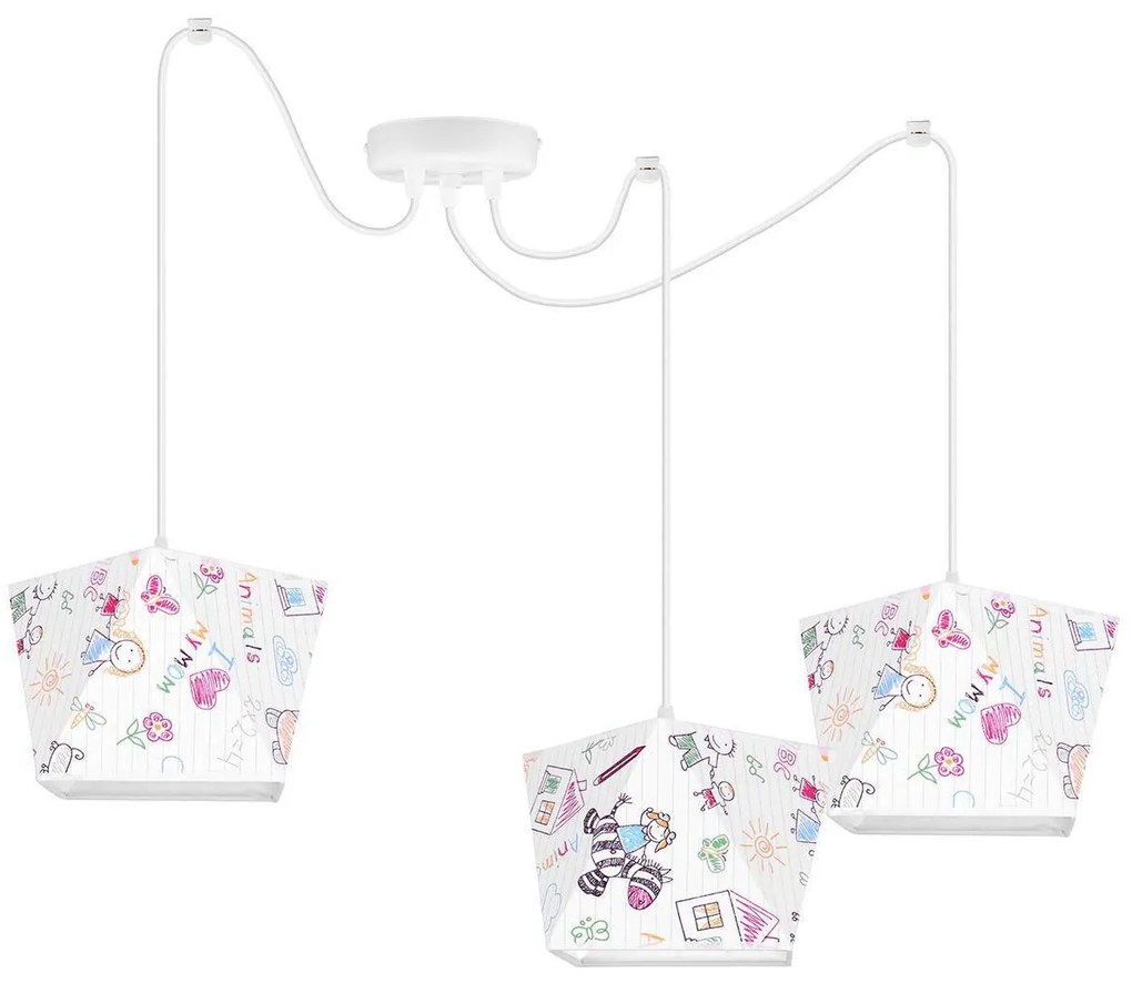 Detské závesné svietidlo Diamond Spider, 3x biele textilné tienidlo so vzorom