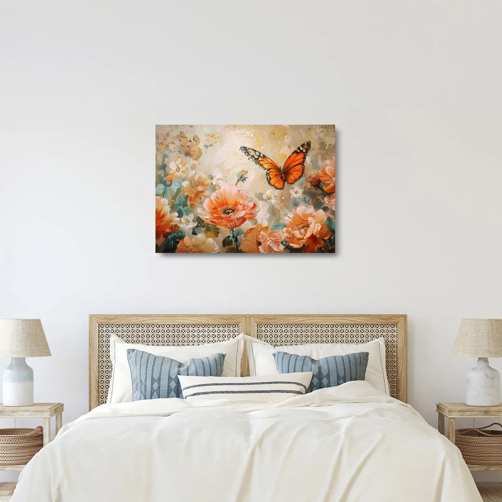 Sklenený obraz - Motýľ a kvety, olejomaľba (70x50 cm)