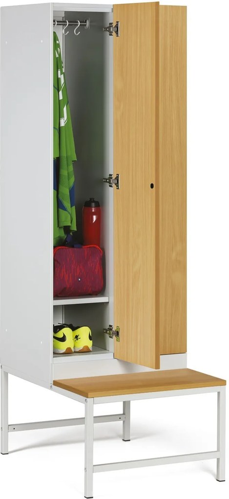 Šatníková skrinka S1 s lavičkou, 2 oddiely, 1875 x 600 x 500/800 mm, zámok s čítačkou RFID kariet, laminované dvere, biela