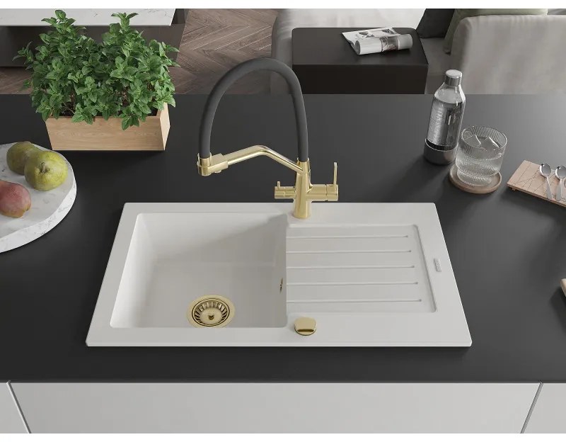 Mexen Pablo, granitový drez 752x436x161 mm, 1-komorový a drezová batéria Duo, biela, 6510-20-671701-57-G