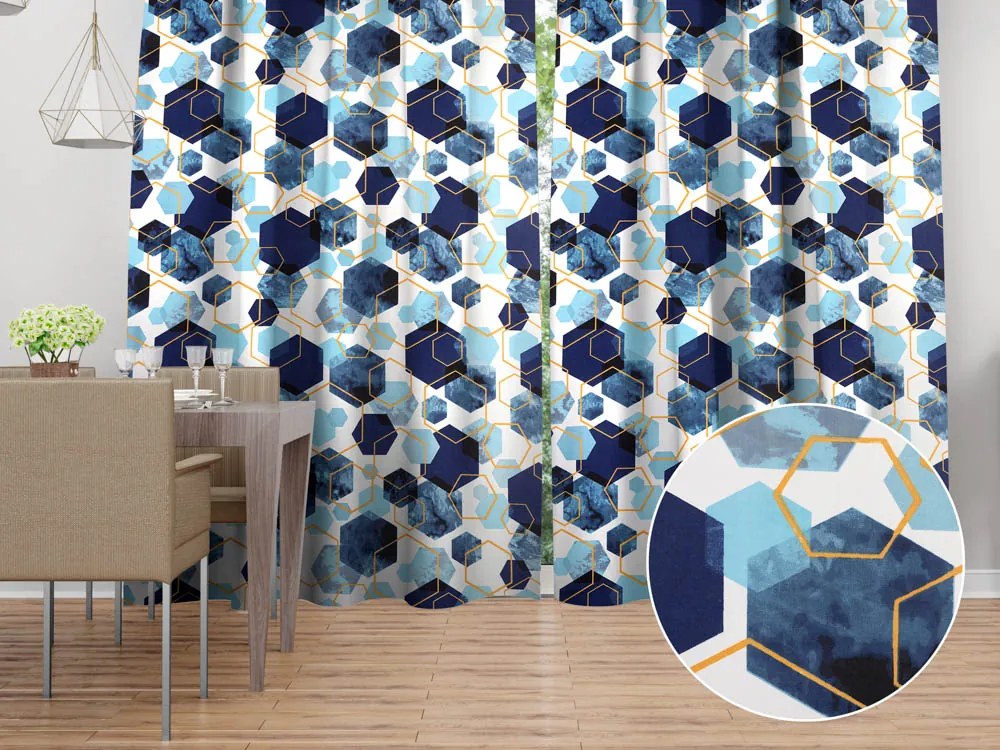 Biante Bavlnený záves Sandra SA-574 Modré hexagóny na bielom 150x140 cm