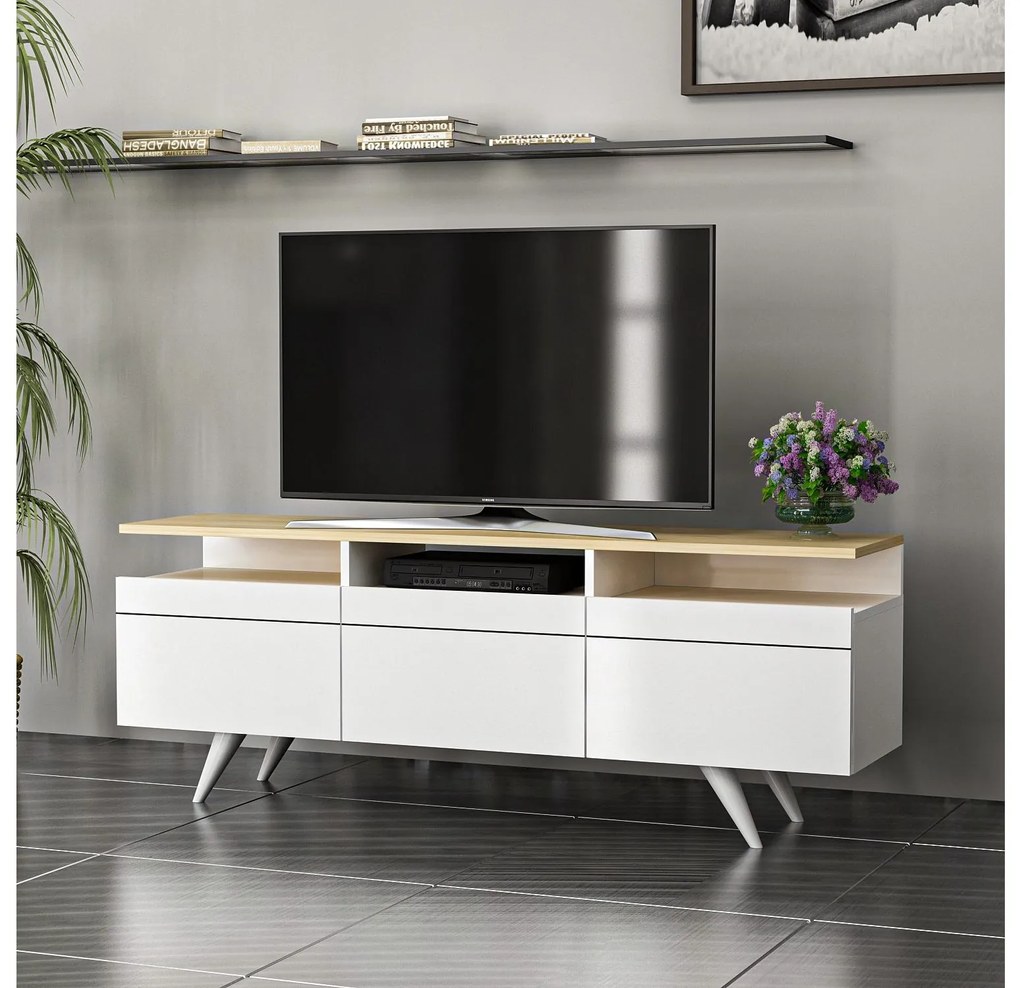 TV stolík/skrinka Vulema 2 (dub + biela) . Akcia -18%. Vlastná spoľahlivá doprava až k Vám domov. 1095468