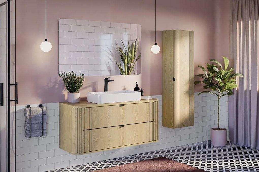 Kúpeľňová zostava Ovalia s doskou, umývadlom a skrinkami 120 cm dub Cremona