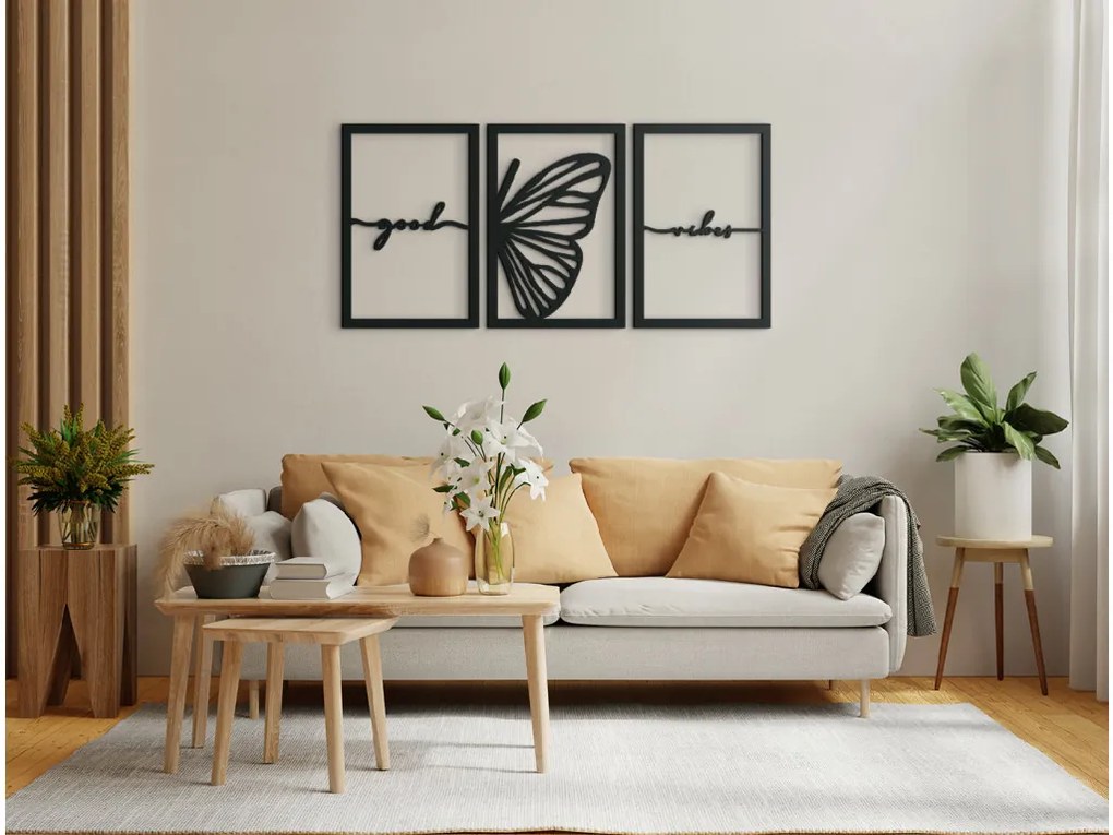 drevko 3-dielny obraz na stenu Good vibes Rozmer obrazu: 31 x 65 cm, Farba dekorácie: Čierna