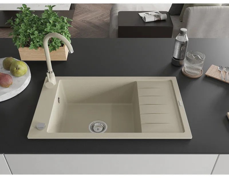 Mexen Elias, 1-komorový granitový drez s odkvapkávačom 80x48 cm a kuchynskou batériou Telma, béžová, 6511-69-670200-69