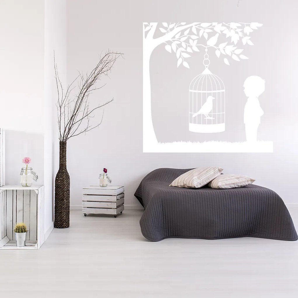Veselá Stena Samolepka Vtáčik v klietke na strome Farba: oranžová, Veľkosť: 100 x 100 cm