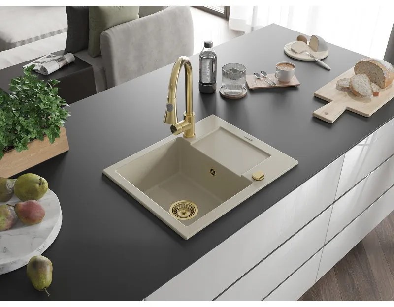 Mexen Enzo, 1-komorový granitový drez 576x465x174 mm a drezová batéria Elia, béžová, 6506-69-670101-50