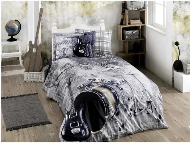 Obliečky z bavlneného popelínu s plachtou na dvojlôžko Rock Music Grey, 160 × 220 cm