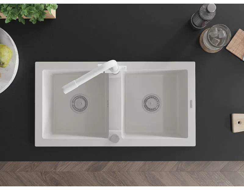 Mexen Mario, 2-komorový granitový drez 820x436x161 mm a biela drezová batéria Duero, biela, 6504-20-671600-20