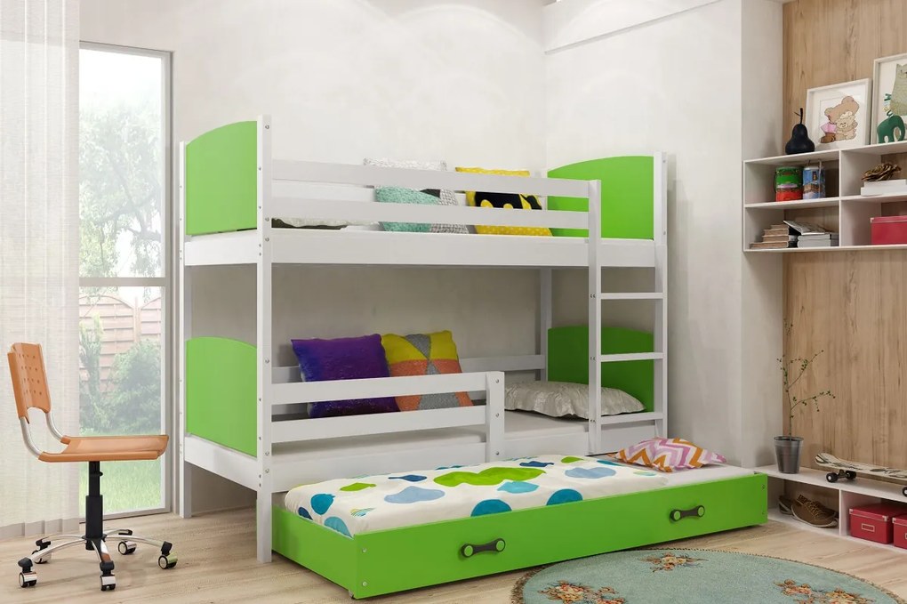 Poschodová posteľ s prístelkou TAMI 3 - 200x90cm - BIELA - ZELENÁ