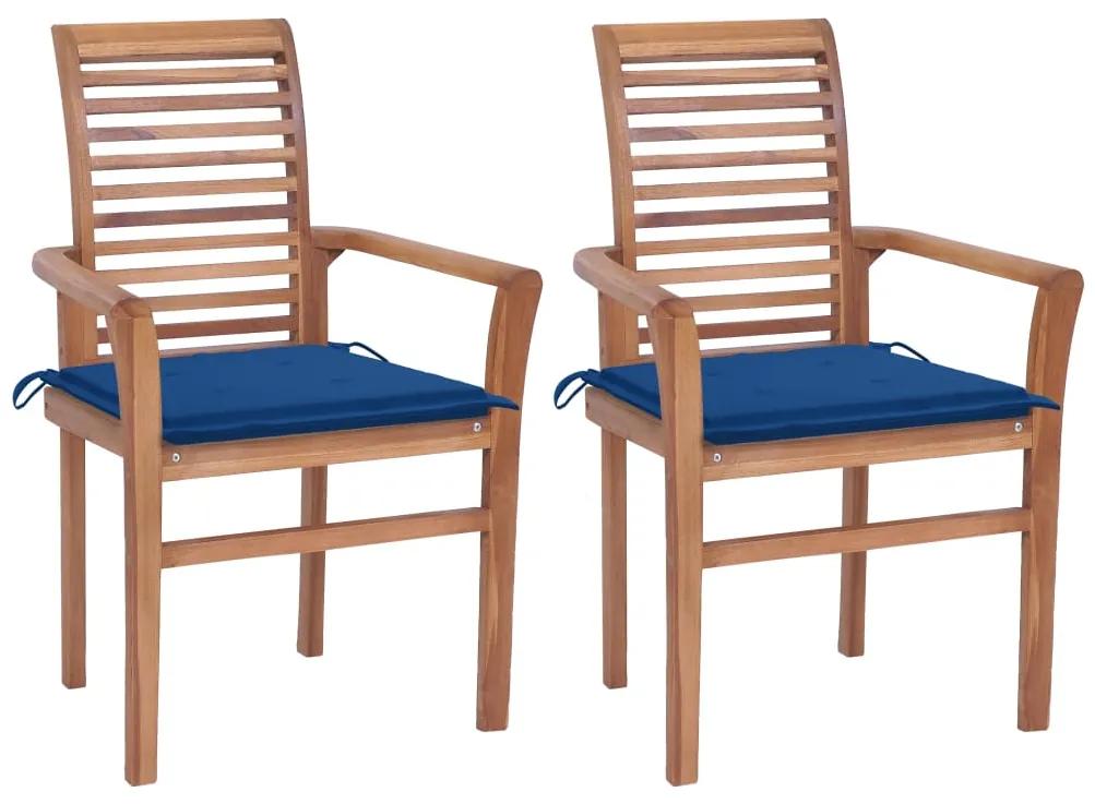 Jedálenské stoličky 2 ks kráľovsky modré podložky tíkový masív