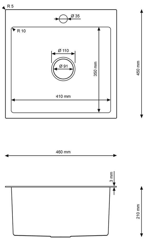Erga HD, 1-komorový oceľový drez 460x450x210 mm, oceľová, ERG-MLS-HD4645