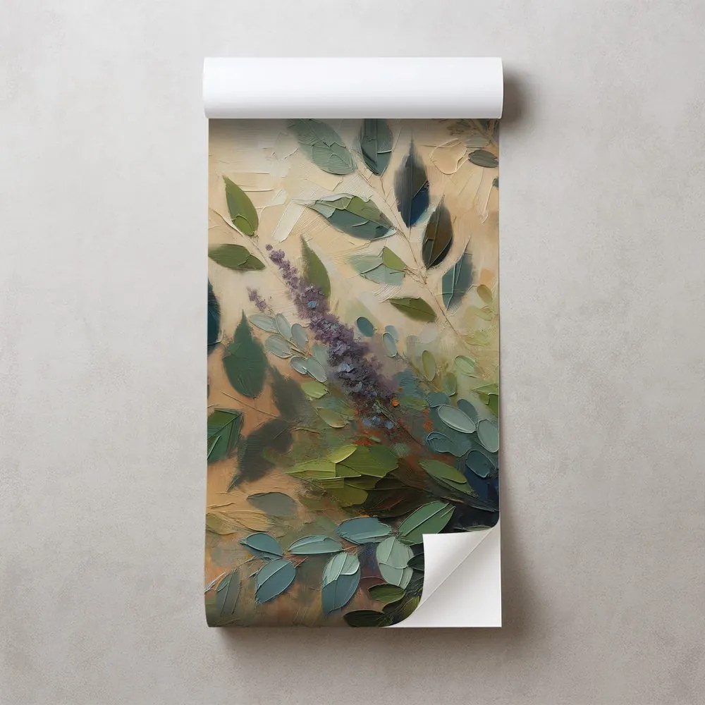 Samolepiaca tapeta maľované zelené listy na béžovom pozadí