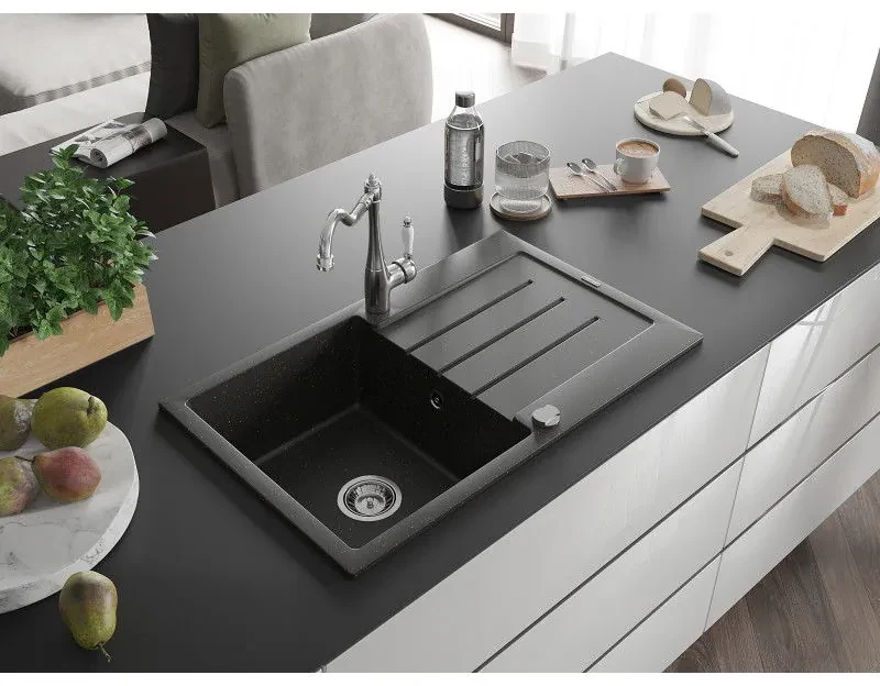 Mexen Bruno, granitový drez 795x495x200 mm, 1-komorový a drezová batéria Carla, čierna-zlatá metalíza, 6513-75-670700-00