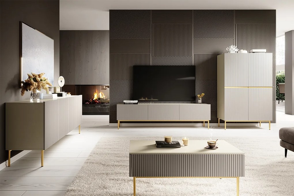 Vysoká komoda Nicole 100 cm s dvoma dverami a ryhovaným čelom - kasmír / zlaté nohy