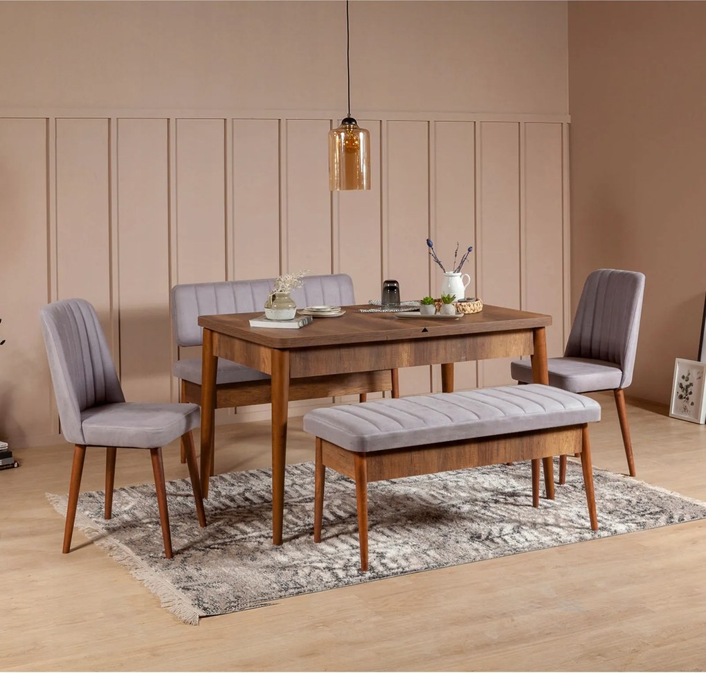 Rozkladací jedálenský stôl (2 stoličky 2 lavice) Vlasta (orech sivá)