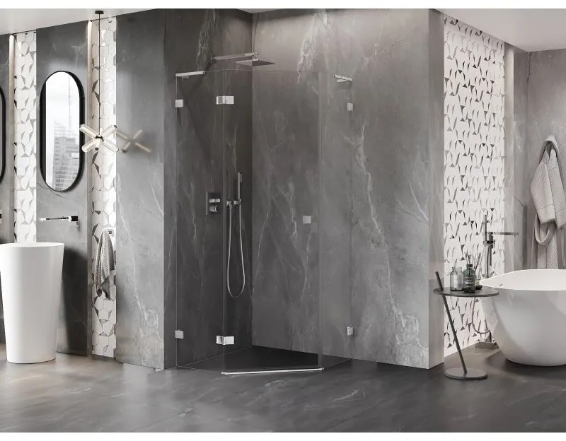 Mexen Lunar, L päťuholníkový sprchový kút naklápací doľava 80 x 80 cm, 8mm číre sklo, chrómový profil, 831L-080L-080P-01-00-L