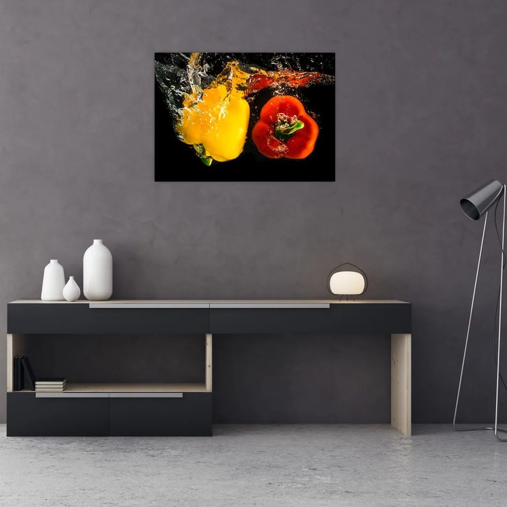 Sklenený obraz - papriky vo vode (70x50 cm)