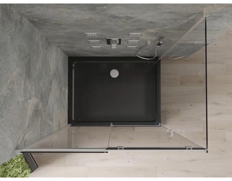 Mexen Omega, sprchový kút s posuvnými dverami 120 (dvere) x 90 (stena) cm, 8mm číre sklo, chrómový profil + slim sprchová vanička čierna + chrómový sifón, 825-120-090-01-00-4070
