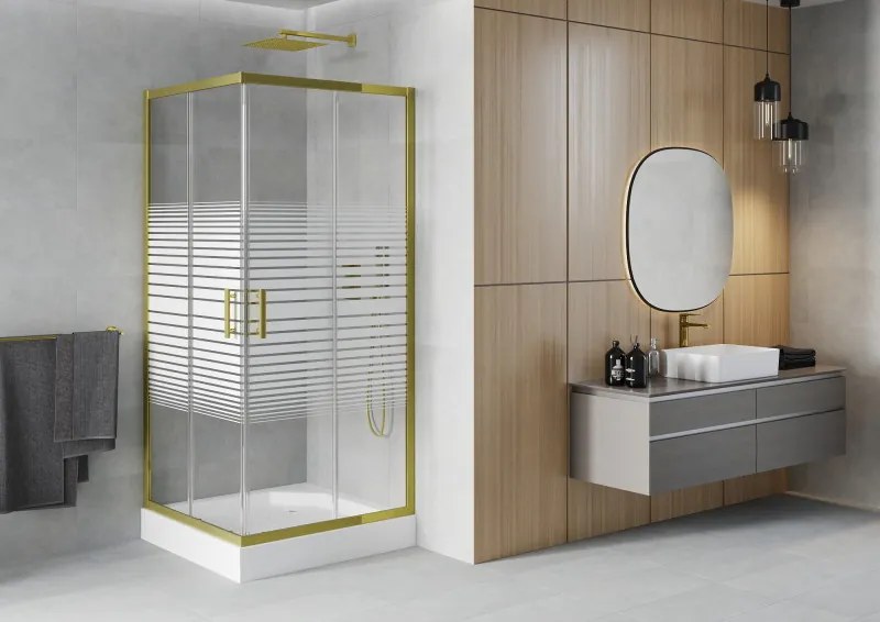 Mexen Rio, štvorcový sprchovací kút s posuvnými dverami 90(dvere) x 90(dvere) x 190 cm, 6mm číre sklo s pásikmi, zlatý profil + biela sprchová vanička RIO, 860-090-090-50-20-4510