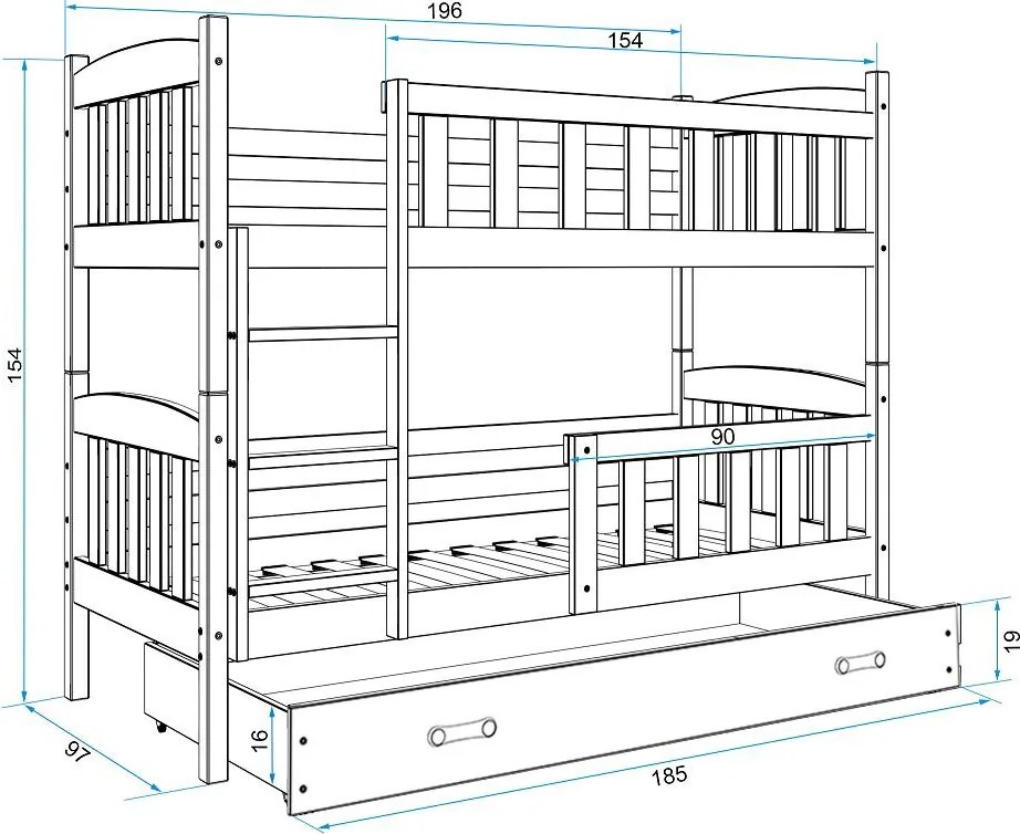Poschodová posteľ KUBO 190x90 | borovica - modrá