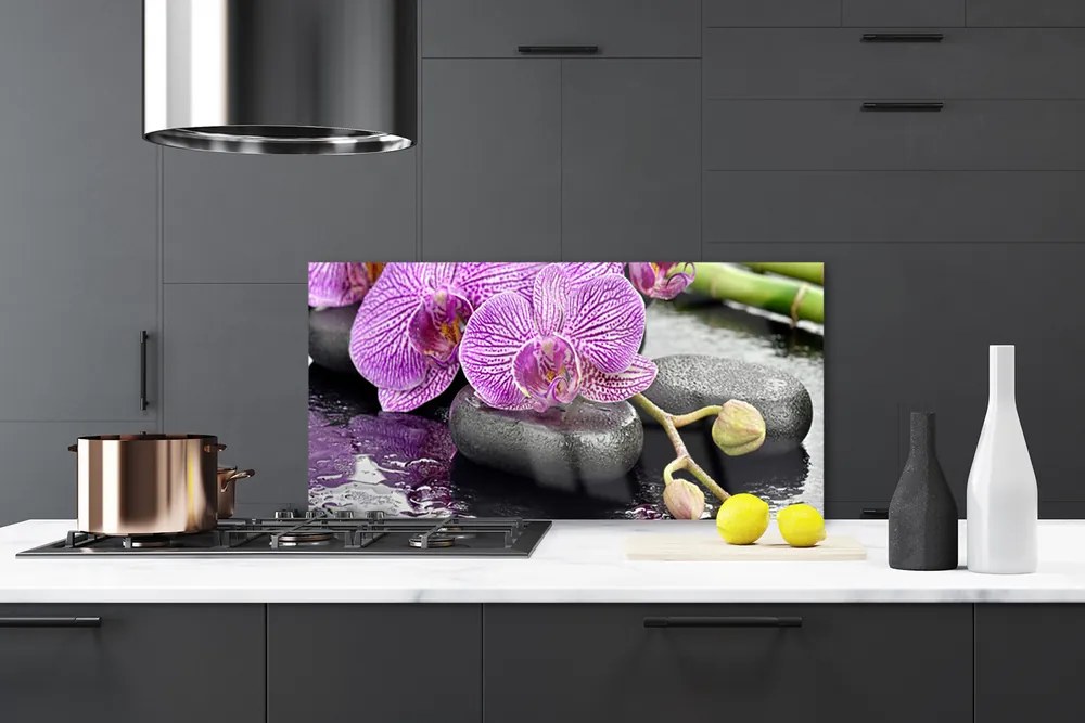 Sklenený obklad Do kuchyne Kamene zen orchidea kúpele 125x50 cm