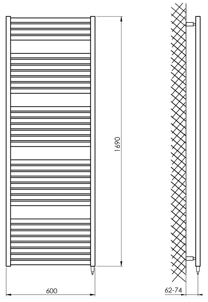 Aqualine, TONDI-E elektrické vykurovacie teleso, rovné, 600x1690 mm, 800W, biela, DE490T