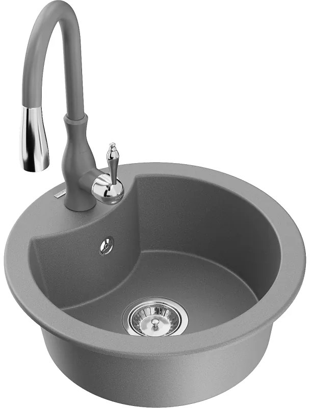 Mexen Diego, 1-komorový granitový drez 488x488x167 mm a drezová batéria Savita, šedá, 6512-71-672601-71