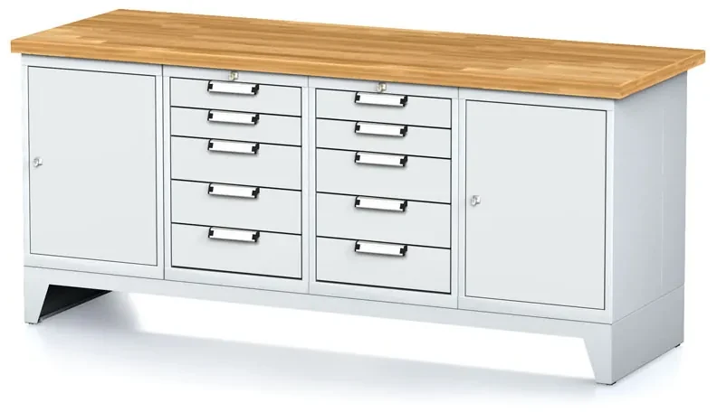 Alfa 3 Dielenský stôl MECHANIC I, 2 skrinky a 2x 5 zásuvkový box na náradie, 10 zásuviek, 2000x685x880 mm, sivé dvere